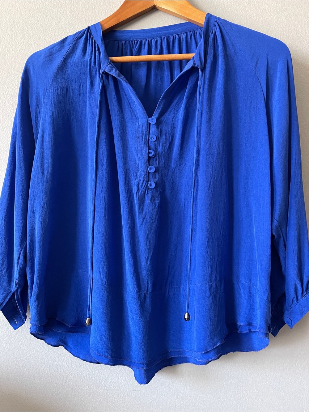 Silk vintage Cobalt Blue Button-Pleat Peasant Blouse